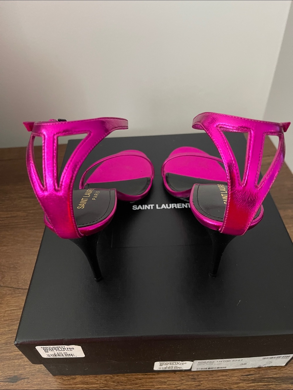 Saint Laurent Metallic Fuchsia Open-Toe Stiletto Sandals - Picture 4 of 12